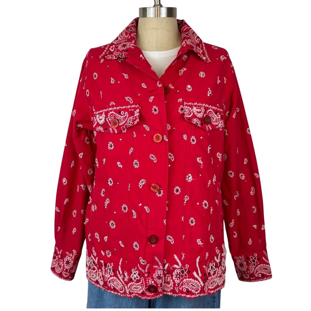The Quacker Factory Paisley Western Jacket Red Beaded Bedazzled Bandana (Sz S) - Picture 3 of 16